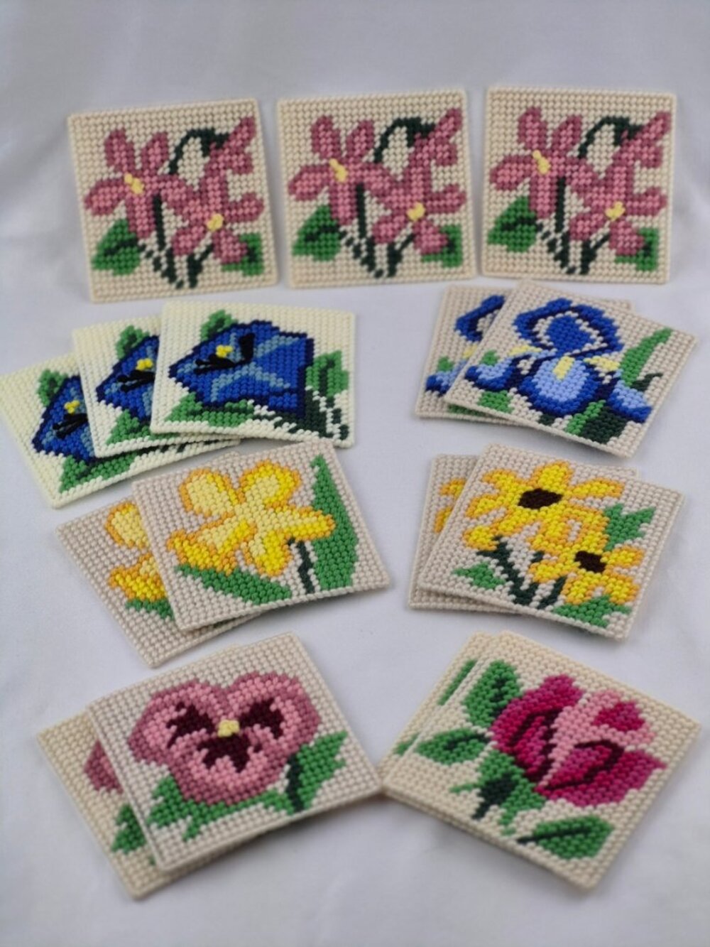 Handmade Floral Plastic Canvas Coasters Set of 16 in 7 Different Flower Patterns